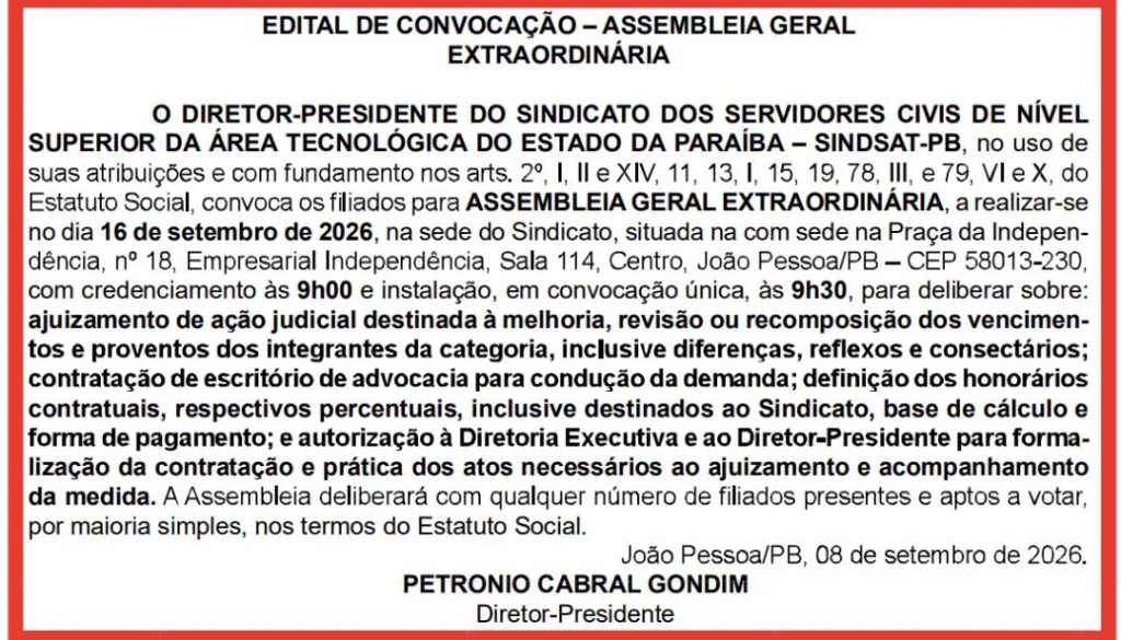 EDITAL DE CONVOCAÇÃO – ASSEMBLEIA GERAL EXTRAORDINÁRIA